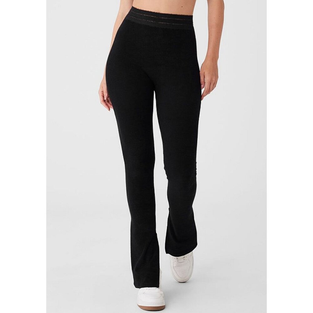 Alo Seamless Luxe Terry High-Waist Cuddle Legging Black Hi-Rise Slit Hem Bootcut - Picture 2 of 13